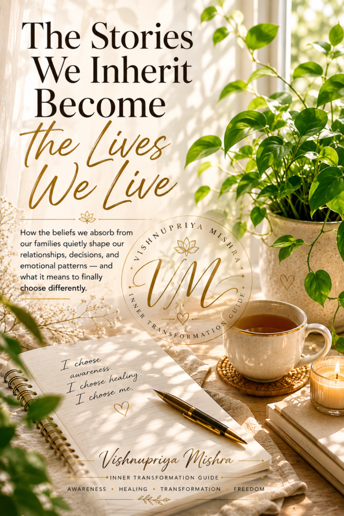 The Stories We Inherit Become the Lives We Live editorial cover with journal, green plant and tea symbolizing inner transformation and self-reflection.