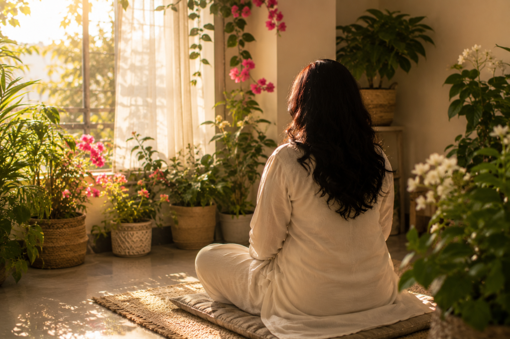 Woman meditating peacefully in morning sunlight