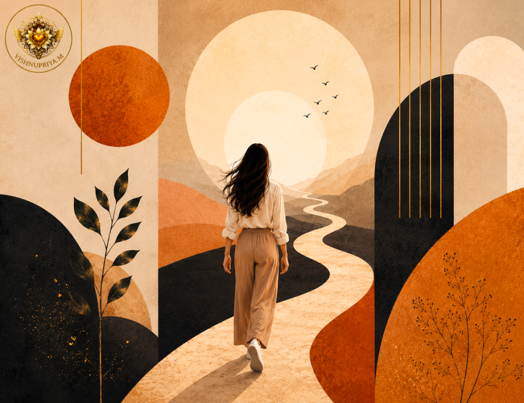 Woman walking towards the sunrise representing choosing your life's direction and breaking subconscious patterns.