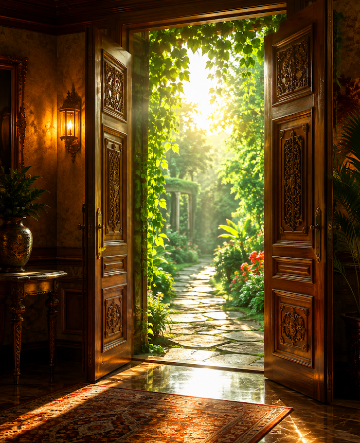 Open door with warm light leading to a lush green garden
