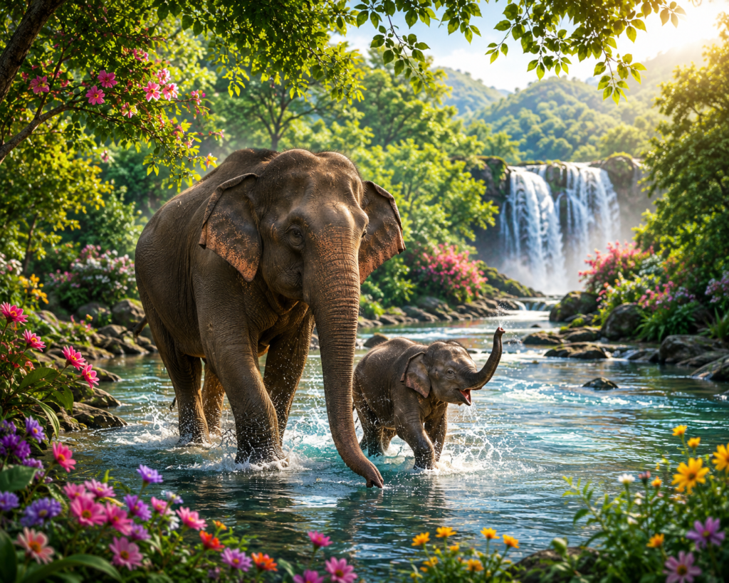 Elephant and baby elephant walking through water surrounded by lush greenery and flowers