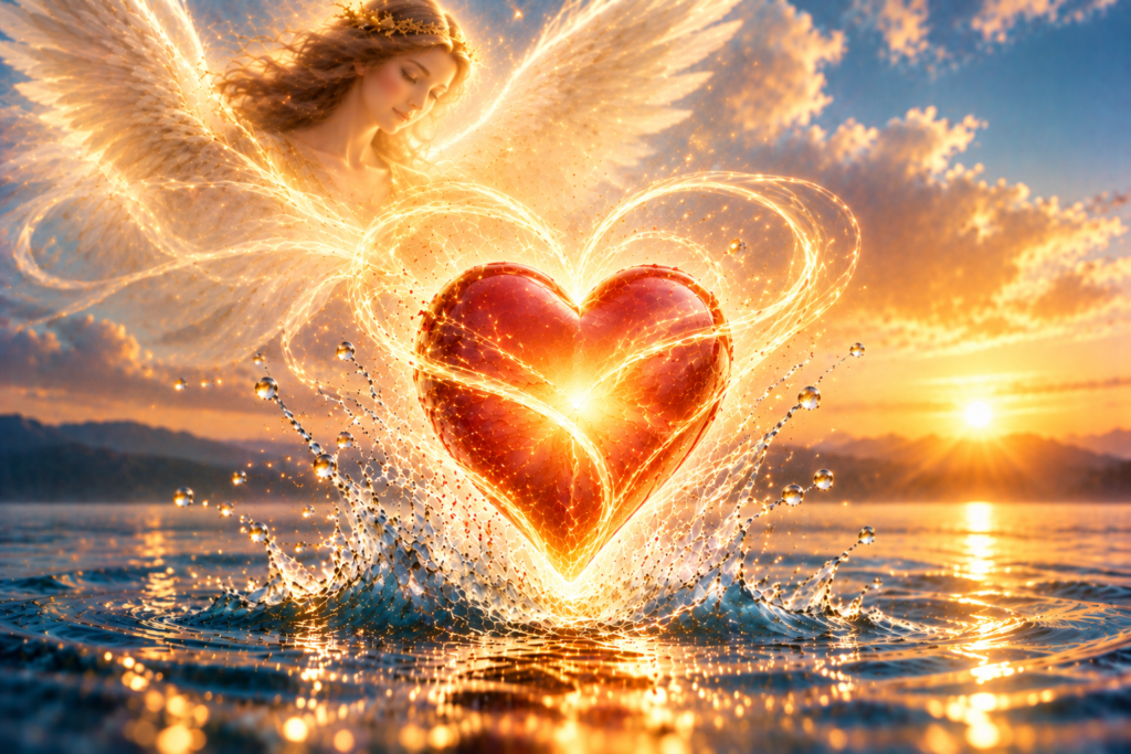 Glowing red heart rising from water at sunrise with an ethereal angel in the background